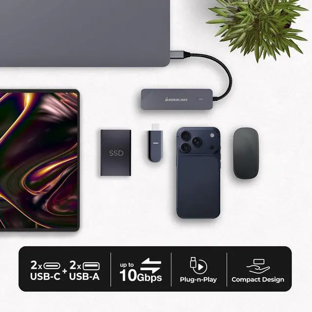 Alt view image 2 of 7 - IOGEAR 4 Port USB-C Gen 2 hub, 10 Gbps, Dual USB-A and USB-C Ports, Fast Data Only Transfers, Compact, Braided Cable, MacBook, Windows, GUH3C410