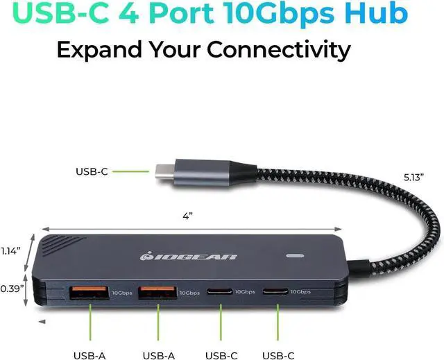 Alt view image 3 of 7 - IOGEAR 4 Port USB-C Gen 2 hub, 10 Gbps, Dual USB-A and USB-C Ports, Fast Data Only Transfers, Compact, Braided Cable, MacBook, Windows, GUH3C410