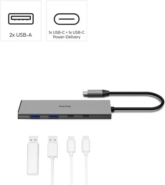 Alt view image 2 of 6 - Hama | USB-C Hub (4 Ports 2X USB-A + 2X USB-C, USB 3.2 Gen2 up to 10 Gbit/s, Power Delivery 100 W, Aluminium Housing) Grey