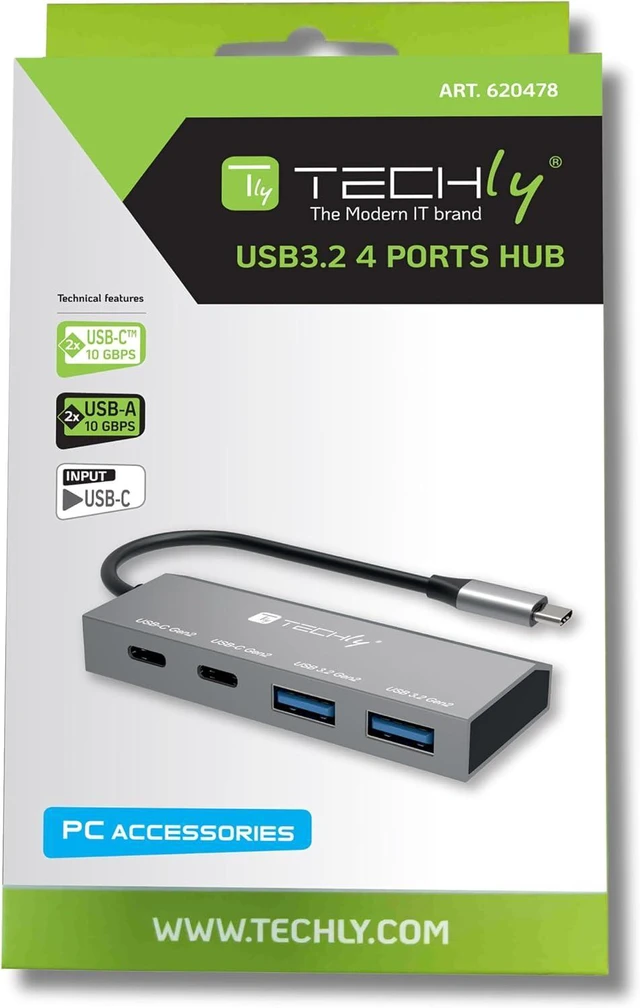 Alt view image 2 of 3 - Techly 620478 USB3.2 Hub 2 USB-A Ports and 2 USB-C Ports Silver