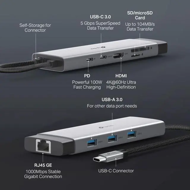 Alt view image 3 of 7 - TP-Link UH9120C 9 in 1 USB C Hub, 1 HDMI 4K @60Hz, 1 Gigabit Ethernet, SD and microSD UHS-I, 1 PD 100W, 1 USB-C 3.0, 3 USB-A 3.0 Ports, SuperSpeed at 5Gbps, Win11/10/8.1, Mac OS X 10.9+, Linux OS