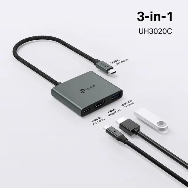 Alt view image 2 of 7 - TP-Link UH3020C USB C Hub PD100W, 4K 60Hz HDMI, 5Gbps USB-A 3.0, Plug & Play, Compatible with Mac OS, Windows, Linux, iPadOS, iOS, Android, ChromeOS, Nintendo