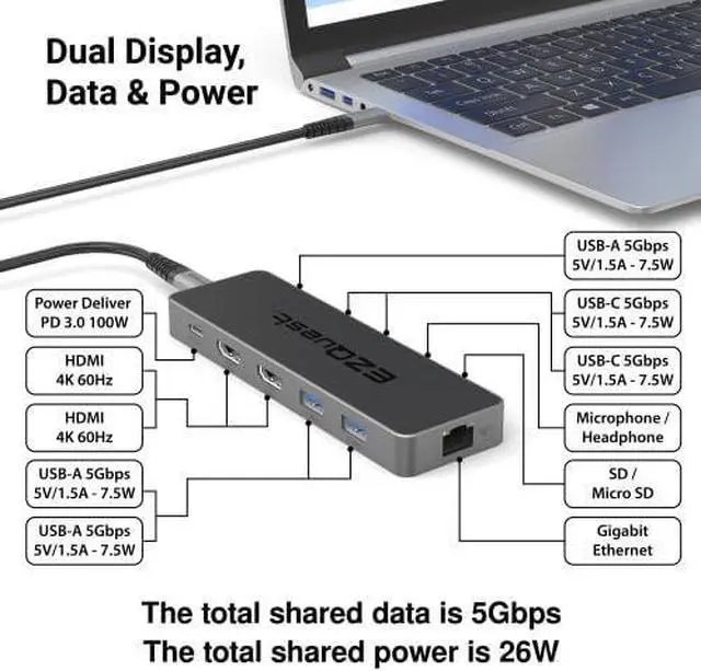 Alt view image 2 of 6 - USB-C Hub 12-in-1 Pro Series: Dual 4K 60Hz HDMI, 100W PD, Gigabit Ethernet, 5X USB Ports (2X USB-C, 3X USB-A 5Gbps), SD/MicroSD, Audio Jack - Docking Station for Windows, MacBook Pro/Air