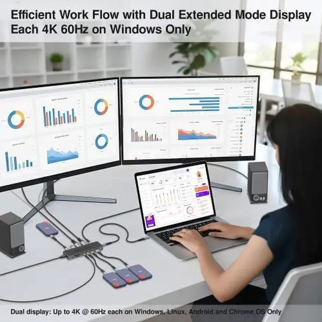 Alt view image 3 of 6 - USB-C Hub 12-in-1 Pro Series: Dual 4K 60Hz HDMI, 100W PD, Gigabit Ethernet, 5X USB Ports (2X USB-C, 3X USB-A 5Gbps), SD/MicroSD, Audio Jack - Docking Station for Windows, MacBook Pro/Air