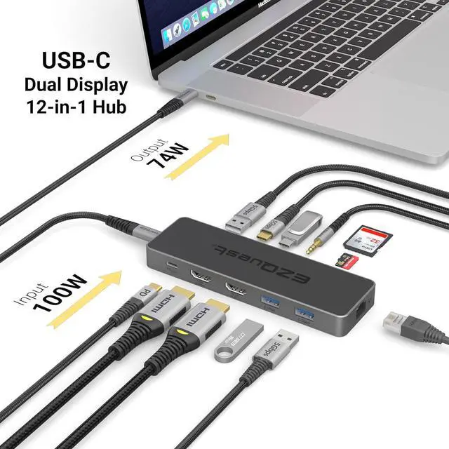 Alt view image 5 of 6 - USB-C Hub 12-in-1 Pro Series: Dual 4K 60Hz HDMI, 100W PD, Gigabit Ethernet, 5X USB Ports (2X USB-C, 3X USB-A 5Gbps), SD/MicroSD, Audio Jack - Docking Station for Windows, MacBook Pro/Air