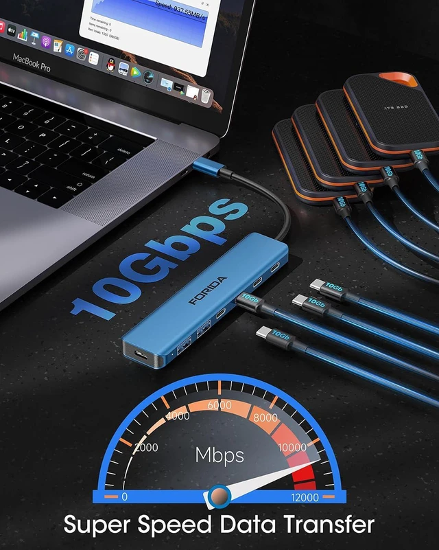 Alt view image 2 of 7 - FORIDA 7-Port USB C Hub 10Gbps, 4-Port USB 3.2 Multiport Data Adapter for Laptop, Type-C Pass-Through Charging Port, 2 USB 2.0, USB- C Extender Compatible with MacBook, Surface Pro, XPS and More