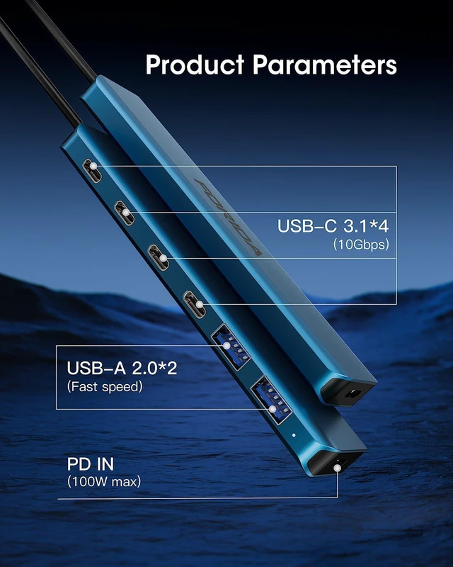 Alt view image 4 of 7 - FORIDA 7-Port USB C Hub 10Gbps, 4-Port USB 3.2 Multiport Data Adapter for Laptop, Type-C Pass-Through Charging Port, 2 USB 2.0, USB- C Extender Compatible with MacBook, Surface Pro, XPS and More