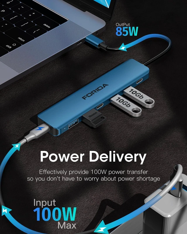 Alt view image 5 of 7 - FORIDA 7-Port USB C Hub 10Gbps, 4-Port USB 3.2 Multiport Data Adapter for Laptop, Type-C Pass-Through Charging Port, 2 USB 2.0, USB- C Extender Compatible with MacBook, Surface Pro, XPS and More