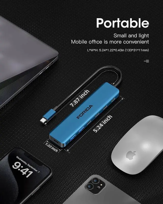 Alt view image 7 of 7 - FORIDA 7-Port USB C Hub 10Gbps, 4-Port USB 3.2 Multiport Data Adapter for Laptop, Type-C Pass-Through Charging Port, 2 USB 2.0, USB- C Extender Compatible with MacBook, Surface Pro, XPS and More