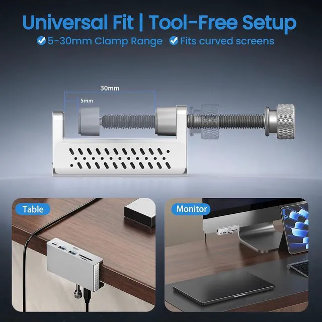 Alt view image 3 of 7 - EJAY 7-in-1 USB C Hub with Clamp - 4K@60Hz HDMI, 100W PD Charging, 10Gbps USB 3.2, SD/TF Card Reader, Compatible with MacBook, iPad Pro, Dell XPS, Windows, Silver
