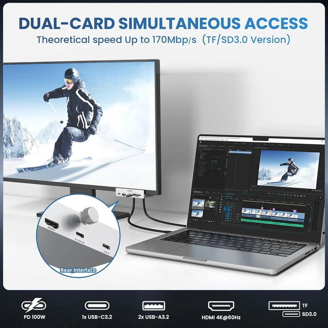 Alt view image 5 of 7 - EJAY 7-in-1 USB C Hub with Clamp - 4K@60Hz HDMI, 100W PD Charging, 10Gbps USB 3.2, SD/TF Card Reader, Compatible with MacBook, iPad Pro, Dell XPS, Windows, Silver