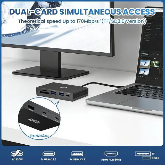 Alt view image 2 of 6 - EJAY 7-in-1 Magnetic USB C Hub with 4K HDMI & 100W PD Charging, 10Gbps USB 3.0 Hub, 2 USB-A Ports, SD/TF Card Reader, Includes Sliding Rail for MacBook Pro/Air, Dell XPS, Laptop, Black