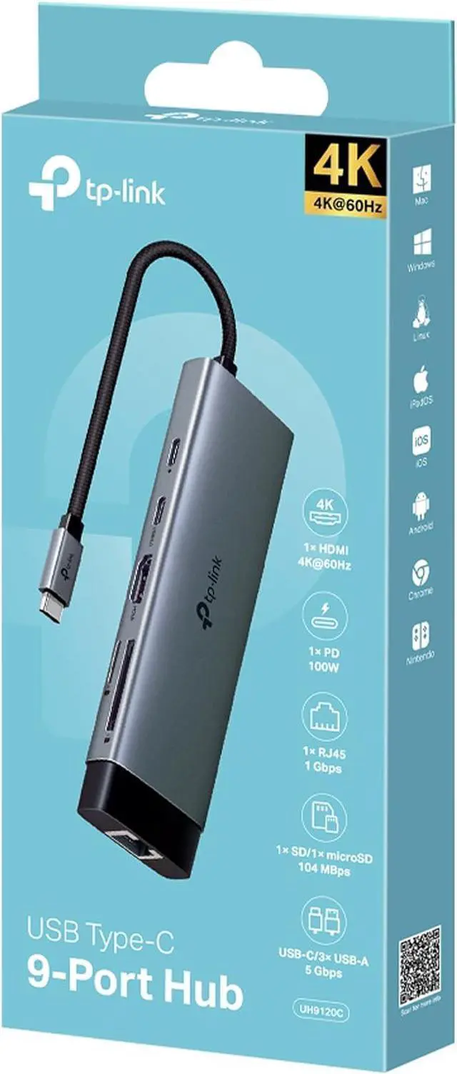 Alt view image 2 of 7 - UH9120C, USB Type-C 9-in-1 Hub, 4K@60Hz HDMI, 1Gbps Ethernet, SD & microSD UHS-I, 100W Power Delivery, 1×USB-C Data Port, 3×USB-A Data Ports.