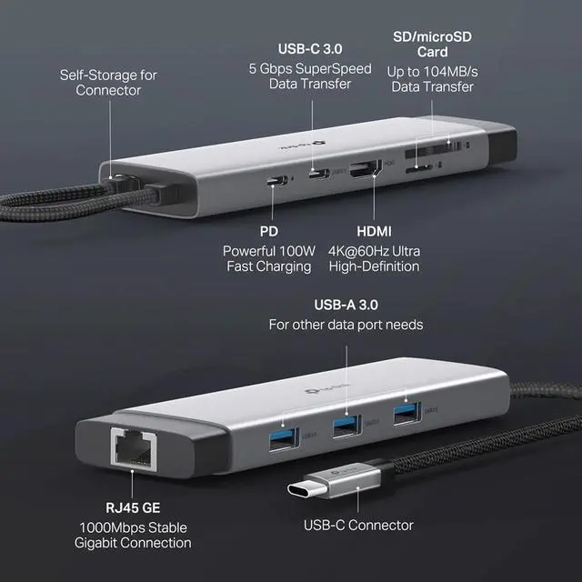 Alt view image 5 of 7 - UH9120C, USB Type-C 9-in-1 Hub, 4K@60Hz HDMI, 1Gbps Ethernet, SD & microSD UHS-I, 100W Power Delivery, 1×USB-C Data Port, 3×USB-A Data Ports.