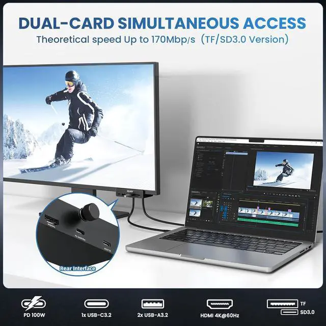 Alt view image 6 of 7 - EJAY 7-in-1 USB C Hub with Clamp - 4K@60Hz HDMI, 100W PD Charging, 10Gbps USB 3.2, SD/TF Card Reader, Compatible with MacBook, iPad Pro, Dell XPS, Windows, Black