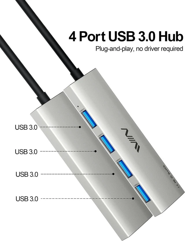 Alt view image 2 of 7 - USB 3.0 Hub,4 Port USB Splitter Extender Portable Adapter Multiport Data Hub for Laptop,Xbox,Flash Drive,HDD,Console,Camera,Keyborad,Mouse Windows,Mac OS PC,Not Designed to Charge Devices-Silver