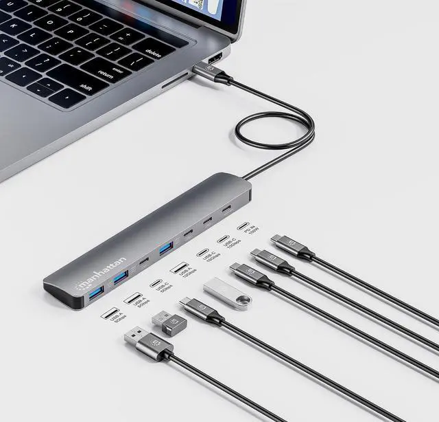 Alt view image 4 of 7 - Manhattan 7-Port 10G USB-C & USB-A Hub with 100W Power Delivery, Ultra-Fast Data Transfer, Portable Design, Compatible with Windows & macOS - 181167