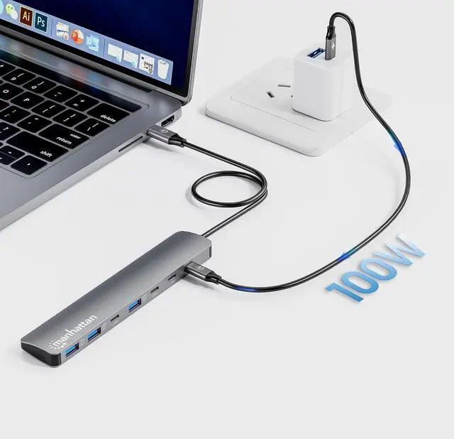 Alt view image 6 of 7 - Manhattan 7-Port 10G USB-C & USB-A Hub with 100W Power Delivery, Ultra-Fast Data Transfer, Portable Design, Compatible with Windows & macOS - 181167