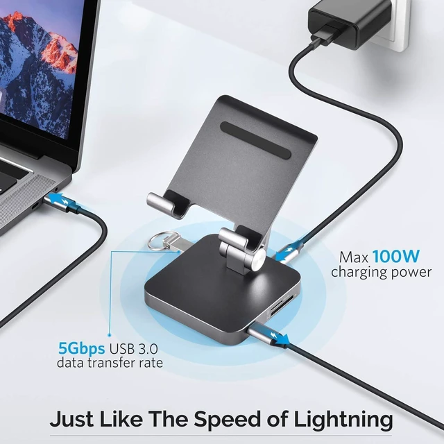 Alt view image 2 of 7 - Classic 7-in-1 USB C Hub Stand for MacBook Pro & iPad Pro - 100W PD Charging, 4K HDMI, 2 USB 3.0 Ports, SD/TF Reader, Foldable Docking Station