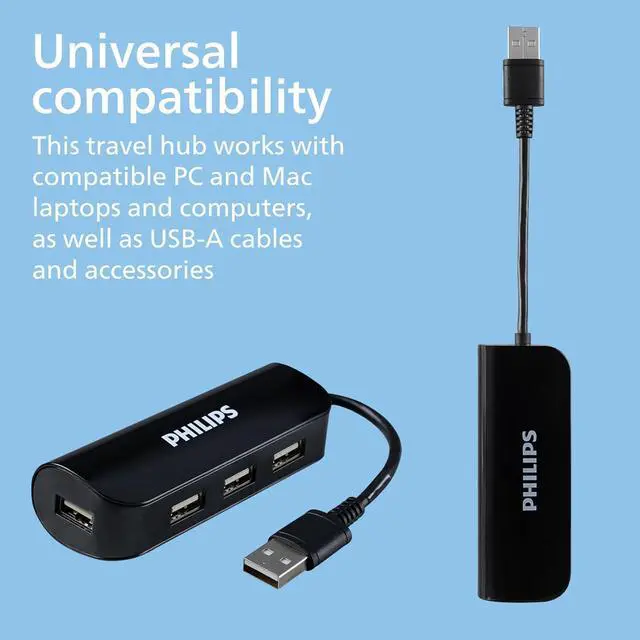 Alt view image 2 of 5 - Philips 4-Port USB 2.0 Hub with 480 Mbps Data Transfer, Data USB Hub, Perfect for Travel, for MacBook, iMac, Surface, External Hard Drives, Flash Drives, Keyboard, Mouse, Desk Fan, Black, SWL3923B/37
