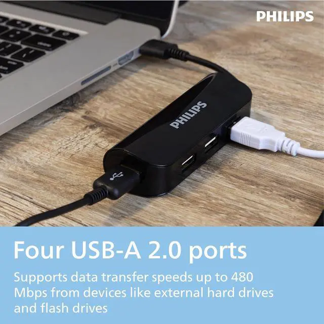 Alt view image 3 of 5 - Philips 4-Port USB 2.0 Hub with 480 Mbps Data Transfer, Data USB Hub, Perfect for Travel, for MacBook, iMac, Surface, External Hard Drives, Flash Drives, Keyboard, Mouse, Desk Fan, Black, SWL3923B/37