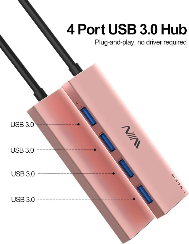 Alt view image 2 of 6 - USB 3.0 Hub, 4 Port USB Hub Splitter, USB A Expander Portable USB Adapter Multiport Data Hub for Laptop, iMac Pro, MacBook Air, Mac mini/Pro, Surface Pro, Flash Drives, and Mobile HDD-Pink
