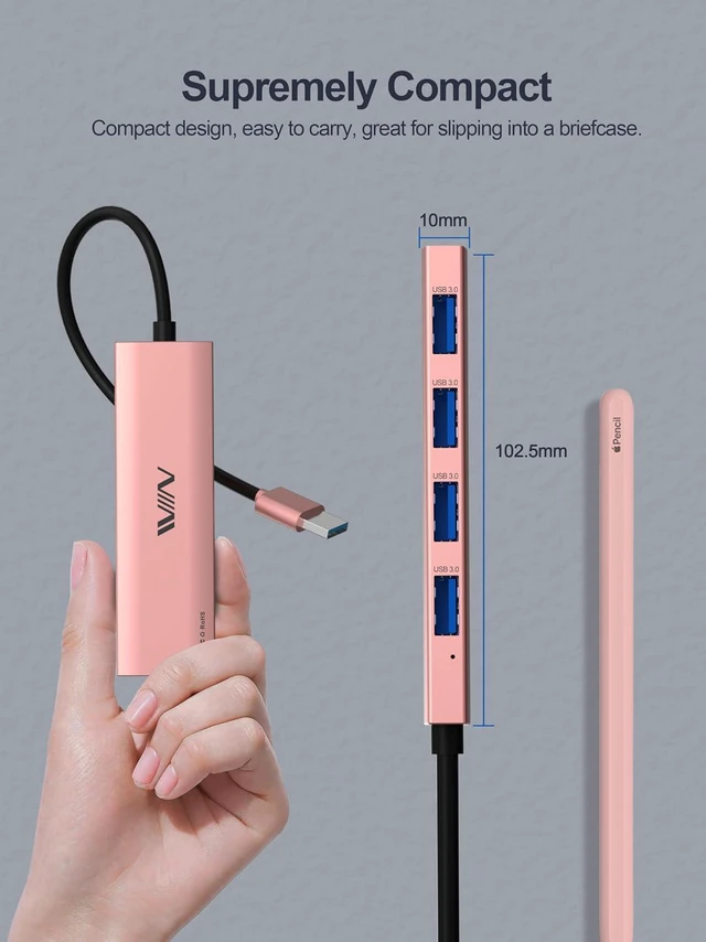 Alt view image 4 of 6 - USB 3.0 Hub, 4 Port USB Hub Splitter, USB A Expander Portable USB Adapter Multiport Data Hub for Laptop, iMac Pro, MacBook Air, Mac mini/Pro, Surface Pro, Flash Drives, and Mobile HDD-Pink