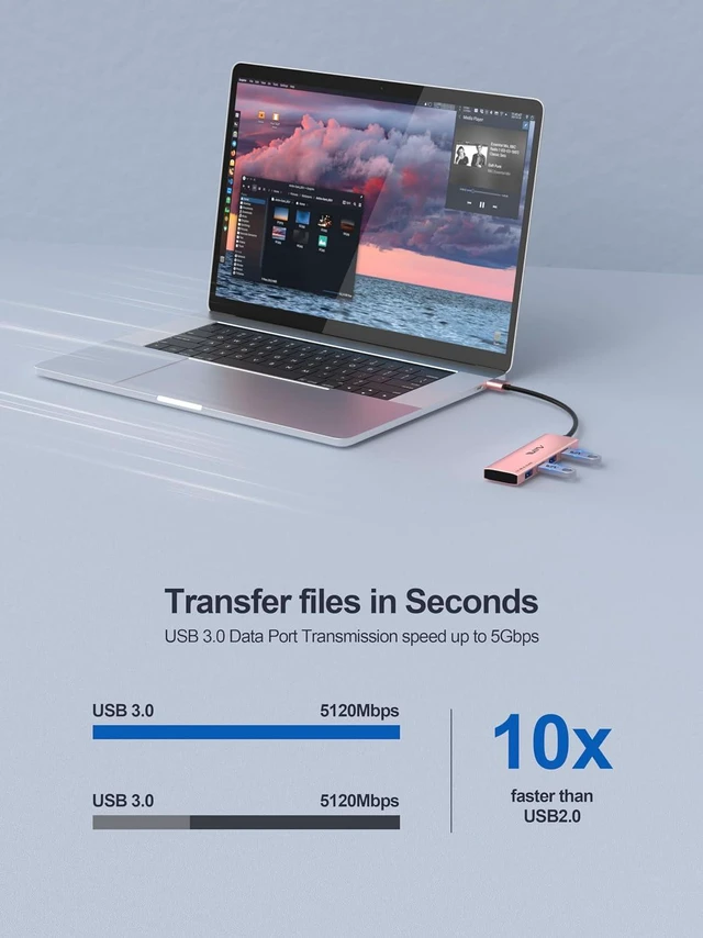 Alt view image 3 of 6 - USB 3.0 Hub, 4 Port USB Hub Splitter, USB A Expander Portable USB Adapter Multiport Data Hub for Laptop, iMac Pro, MacBook Air, Mac mini/Pro, Surface Pro, Flash Drives, and Mobile HDD-Pink