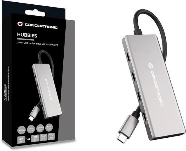 Main image of CONCEPTRONIC HUBBIES17G 7-Port USB 3.2 Gen 2 Hub, 10Gbps, USB-C x 4, USB-A x 3, 100W USB PD, Aluminium Housing