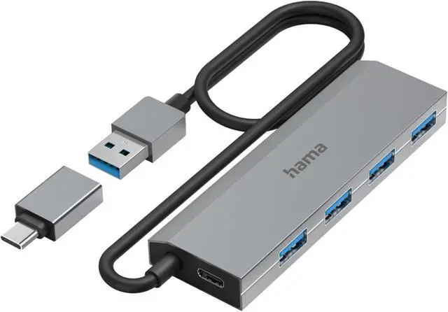 Alt view image 4 of 7 - Hama USB Hub 4 Ports (USB-A and USB-C connection, with power adapter, 4x USB-A for mouse, keyboard, external hard drive, USB stick, etc., aluminum housing, USB adapter for office and home office)