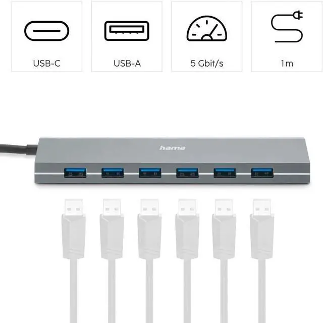 Alt view image 2 of 7 - Hama USB Hub 7 Ports USB A and USB-C Port with Power Supply, 7X USB-A for Mouse, Keyboard, External Hard Drive, USB Flash Drive etc. Aluminum Enclosure USB Adapter for Office, Home Office