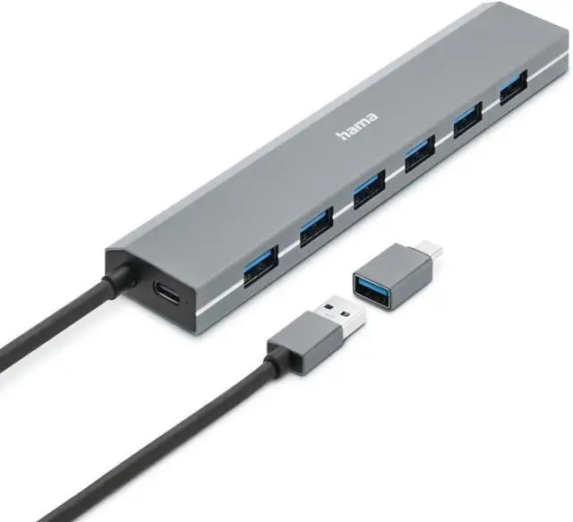 Main image of Hama USB Hub 7 Ports USB A and USB-C Port with Power Supply, 7X USB-A for Mouse, Keyboard, External Hard Drive, USB Flash Drive etc. Aluminum Enclosure USB Adapter for Office, Home Office