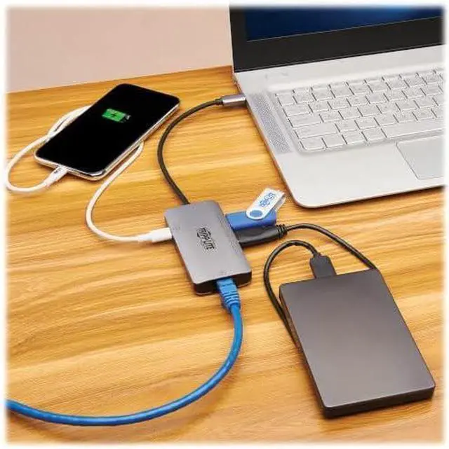 Alt view image 2 of 2 - Tripp Lite Three USB-A Ports USB-C Hub, USB 3.2 Gen 1, 5 Gbps Data Transfer, 100W Power Delivery Charging 20V 5A, Gigabit Network Port, Sturdy Aluminum Housing, 3-Year Warranty (U460-003-3AGALC)