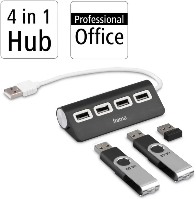 Alt view image 2 of 6 - Hama 4-Port USB-A Hub (High-Speed Data Transfer, 4x USB-A for Mouse, Keyboard, External HDD, etc. Multiport Adapter, USB Adapter 4-in-1 for Office, Home Office and Travel) Black