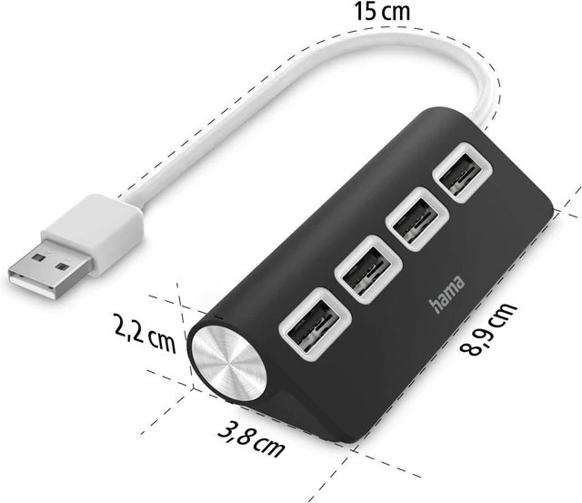 Alt view image 4 of 6 - Hama 4-Port USB-A Hub (High-Speed Data Transfer, 4x USB-A for Mouse, Keyboard, External HDD, etc. Multiport Adapter, USB Adapter 4-in-1 for Office, Home Office and Travel) Black