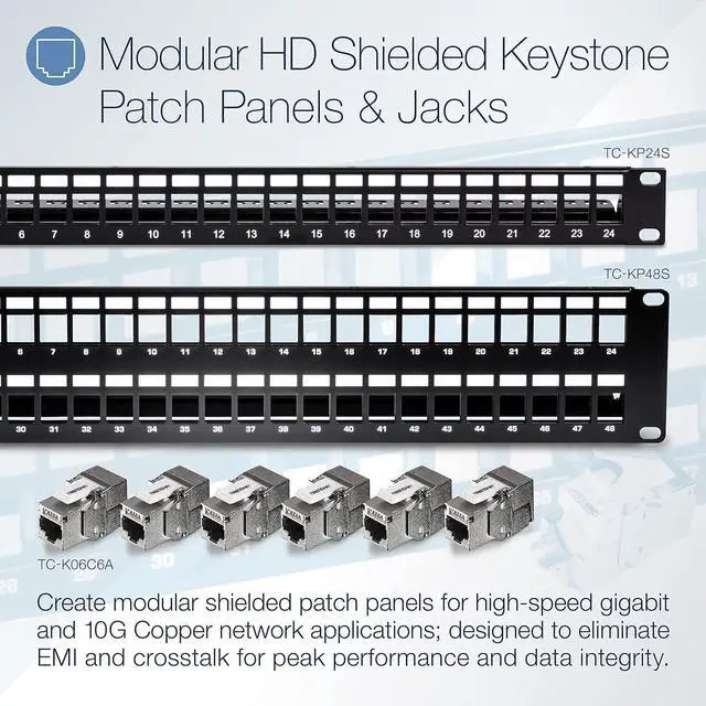 Alt view image 2 of 7 - TRENDnet 48-Port Blank Keystone Shielded 2U HD Patch Panel, TC-KP48S, Cat6A Cat6, Cat5e, Cat5, 2U 19 Metal Rackmount Design, Numbered Cable Management Bar, Fully Customizable with HD Keystone Jacks