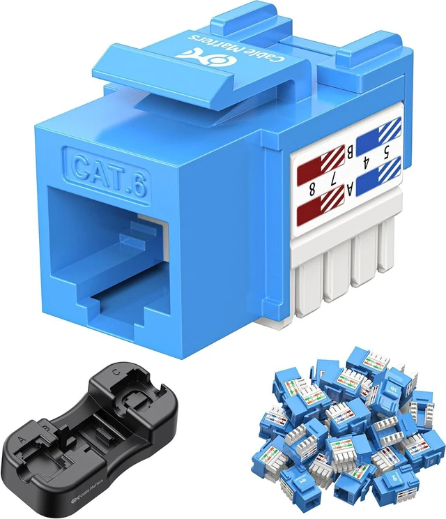 Main image of Cable Matters 50-Pack Cat6 RJ45 Keystone Jack in Blue and Keystone Punch-Down Stand