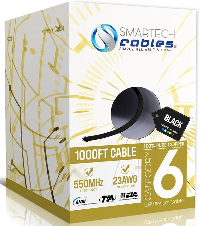 Main image of Cat6 Plenum Cable 1000ft 100% Solid Pure Copper | 23AWG, UTP, 550MHz, PoE & POE+/++ Compatible | High-Speed 10Gbps Bulk Cat 6 Ethernet Cable 1000ft for Networking & Gaming