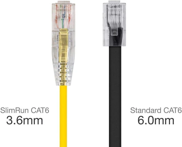 Alt view image 3 of 6 - Monoprice SlimRun Cat6 Ethernet Patch Cable - Network Internet Cord - RJ45, Stranded, 550Mhz, UTP, CMR, Riser Rated, Pure Bare Copper Wire, 28AWG, 2ft, Yellow