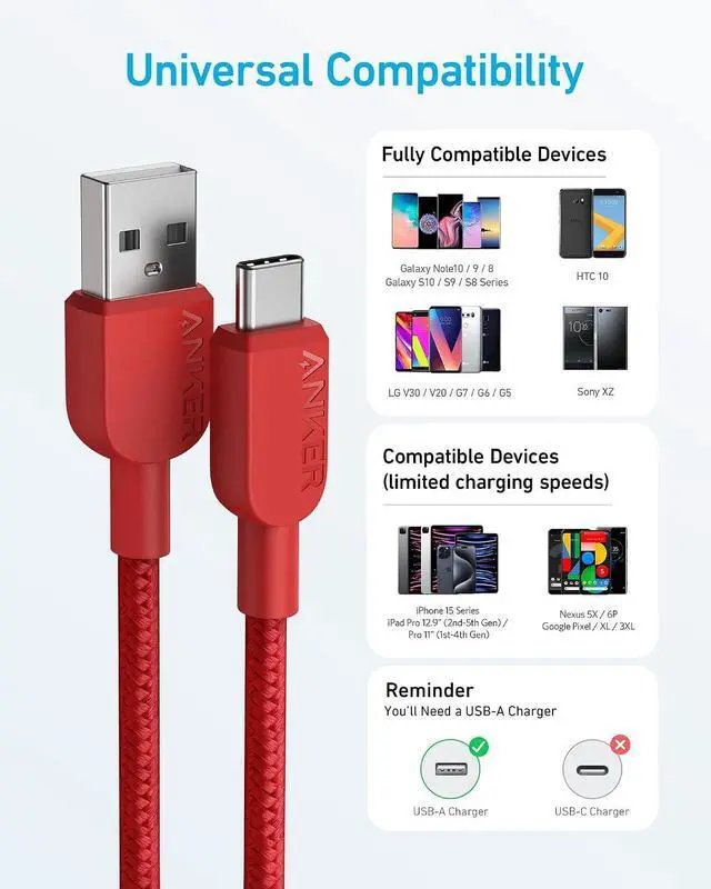 Alt view image 4 of 4 - Anker USB A to USB C Cable, Charger Cord (2 Pack,10ft), for iPhone 17 Series,Samsung Galaxy Note 10/S10+ S10, LG V30 (Red)