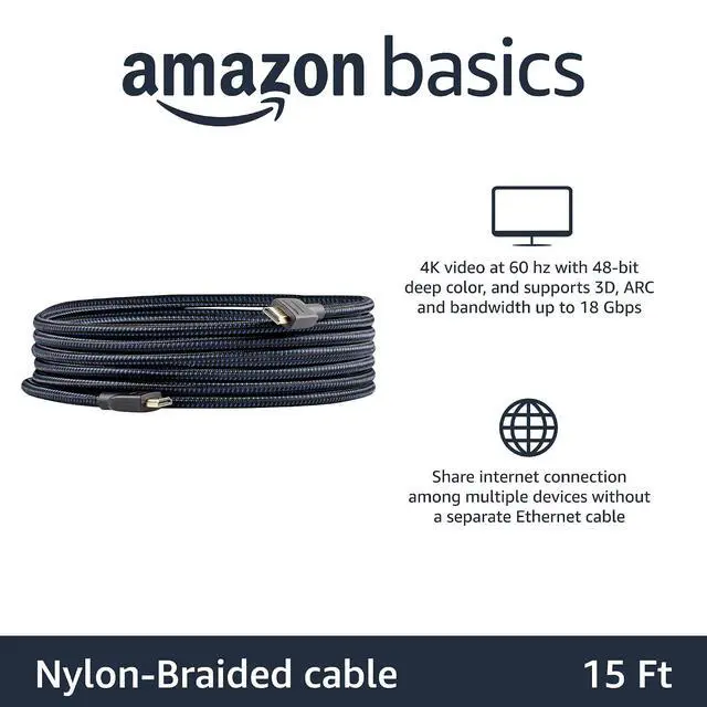 Alt view image 2 of 5 - Amazon Basics High-Speed HDMI Cable (18Gbps, 4K/60Hz) - 15 Feet, Nylon-Braided (Pack of 2)