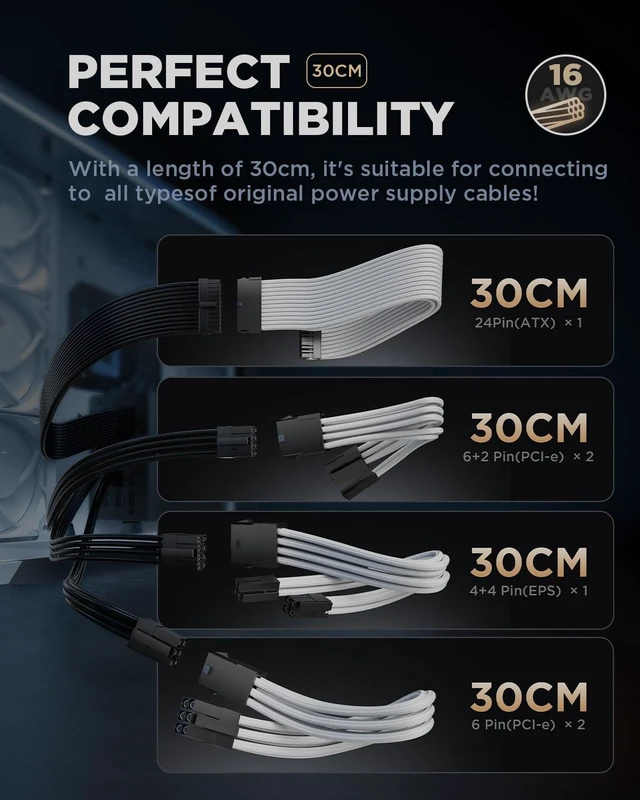 Alt view image 7 of 7 - ASIAHORSE 16AWG PSU Cable Extension Power Cords, Customized Power Supply Mod Sleeve Extension Cable, ATX/EPS/8-pin PCI-E/6-pin PCI-E for PSU Cable