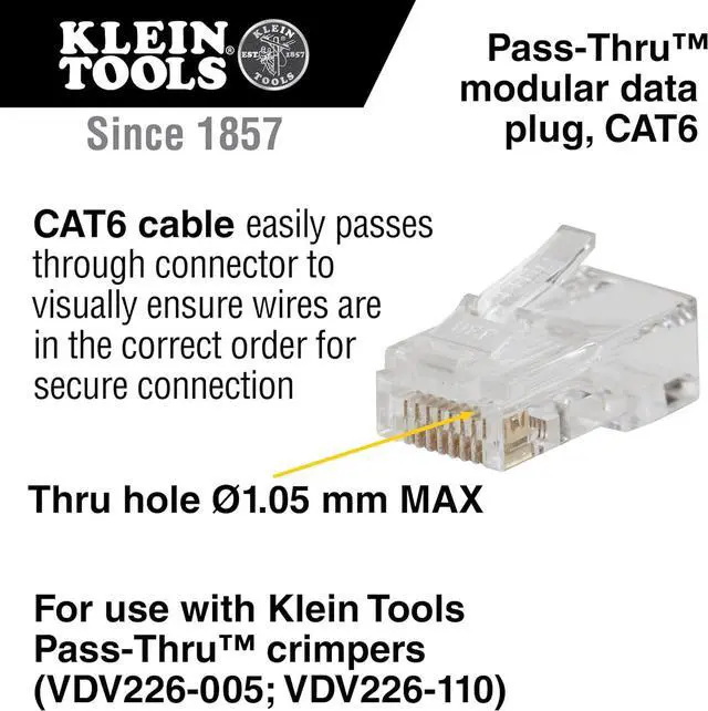 Alt view image 2 of 7 - Klein Tools VDV826-703 Pass-Thru Modular Data Plug, RJ45 CAT6, Gold Plated, Pass Through Connectors 50-Pack