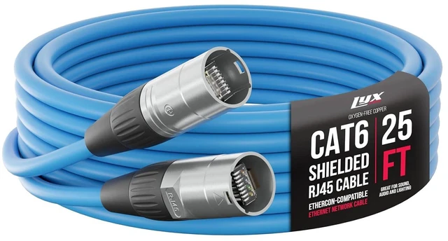 Main image of LyxPro 25 Feet Shielded CAT6 Ethercon Cable - Professional Audio & Lighting Stage Snakes RJ45 Cable, Studio-Grade Sound Transmission, Extreme Durability - Blue