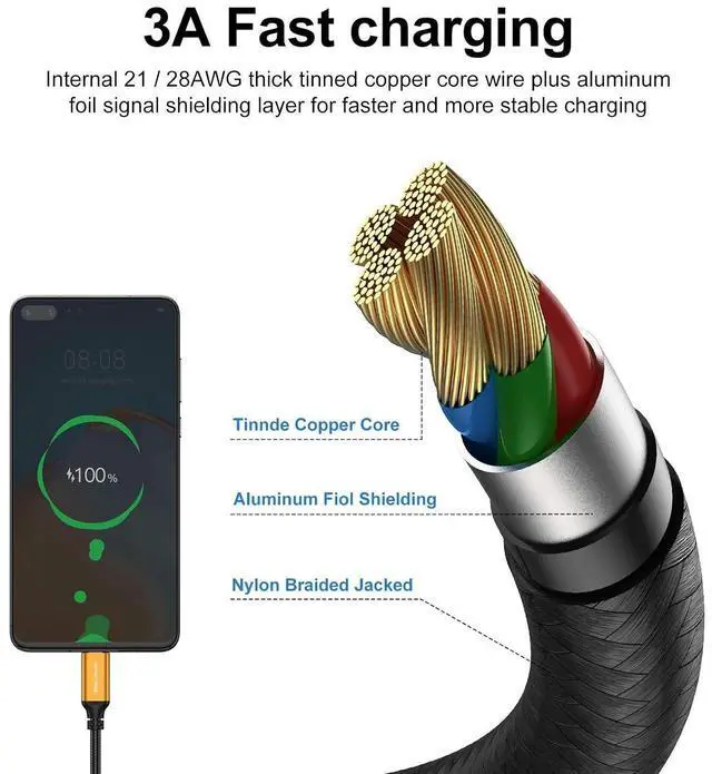 Alt view image 6 of 7 - USB Type-C Cable 5pack 6ft Fast Charging 3A Rapid Charger Quick Cord, Type C to A Cable 6 Foot Compatible Galaxy S10 S9 S8 Plus, Braided Fast Charging Cable for Note 10 9 8, LG V50 V40 G8 G7(Gold)