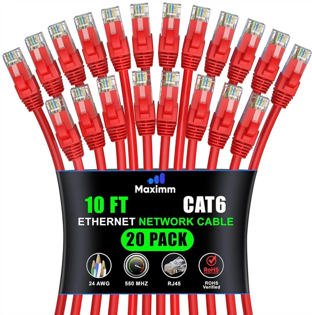 Main image of Maximm Cat 6 Ethernet Cable 10 ft (20-Pack) - High-Speed LAN Cable, Internet Cable, Patch Cable, and Network Cable - UTP, 10Gbps, 550MHz Ethernet Cord - Red