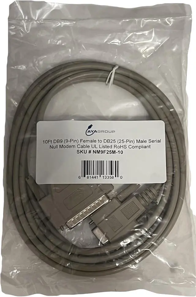 Alt view image 2 of 2 - AYA DB9 (9-Pin) Female to DB25 (25-Pin) Male Serial Null Modem Cable (10Ft)