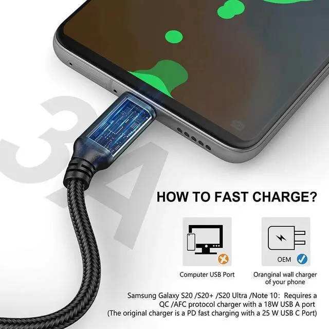 Alt view image 3 of 7 - USB Type-C Cable 5pack 6ft Fast Charging 3A Rapid Charger Quick Cord, Type C to A Cable 6 Foot Compatible Galaxy S10 S9 S8 Plus, Braided Fast Charging Cable for Note 10 9 8, LG V50 V40 G8 G7(Green)
