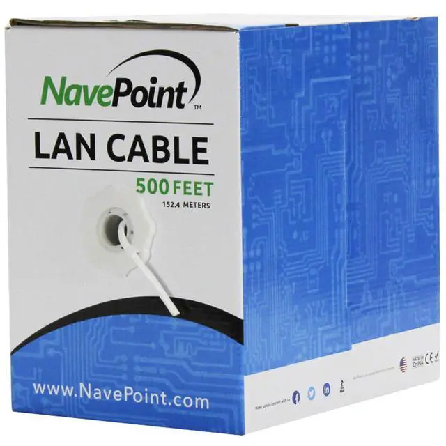Main image of NavePoint CAT5e (CCA), 500ft, White, Solid Bulk Ethernet Cable, 24AWG 4 Pair, Unshielded Twisted Pair (UTP)