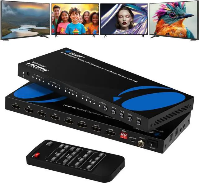 Main image of OREI 4K@60Hz 4×4 HDMI Matrix Switch with Downscaler & ARC, 18Gbps, HDCP 2.2, HDR, Audio Extraction (Optical & Analog), 4K-to-1080p Scaling, IR Remote (UHD-404R)